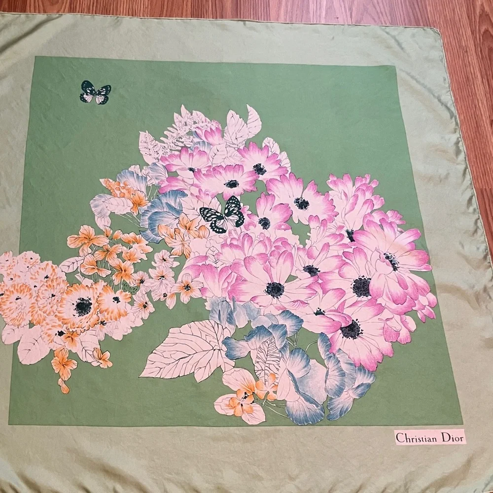 CHRISTIAN DIOR Green Floral Square Silk Scarf. 31x30. Made in France